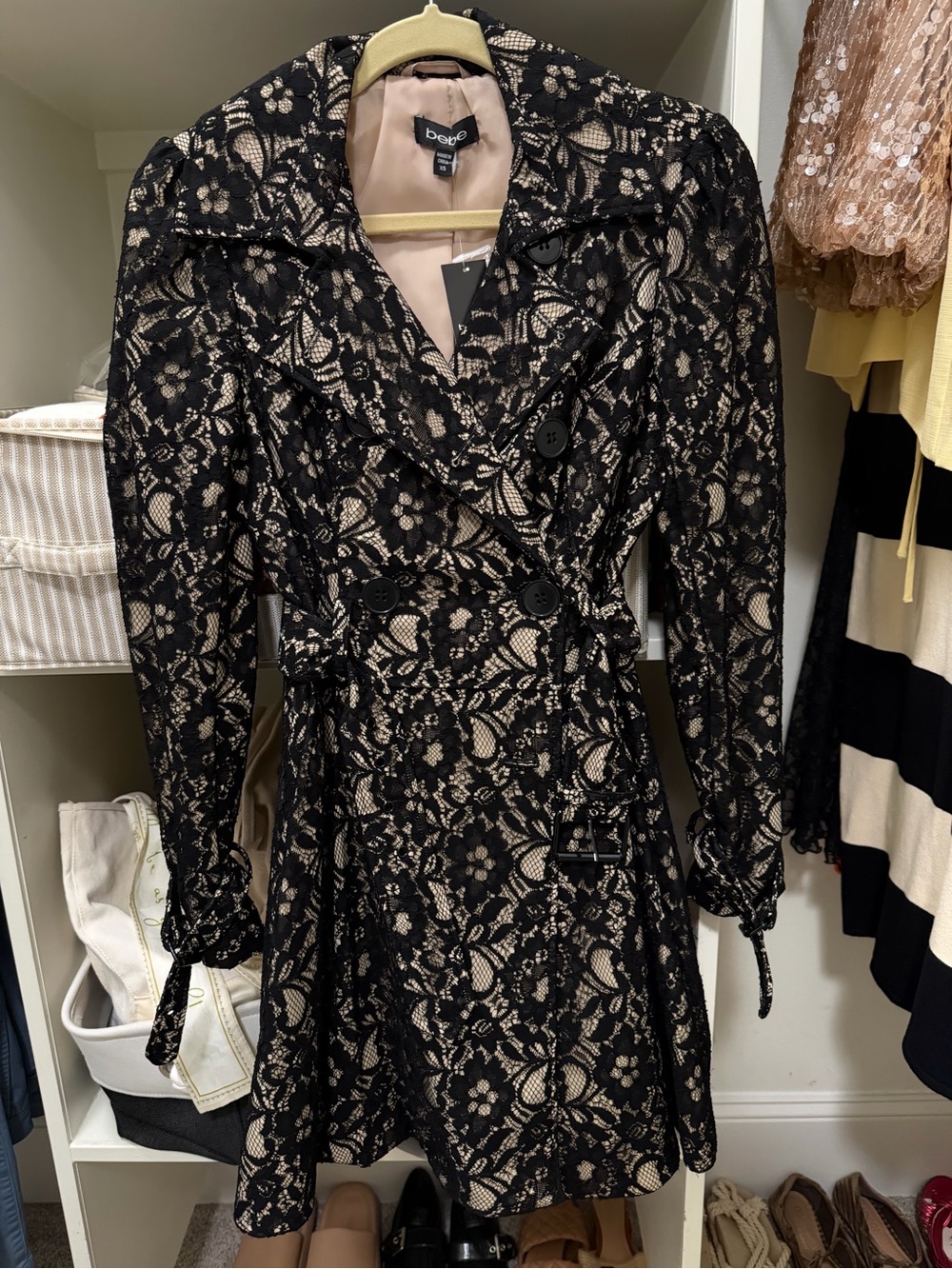 NWT Vintage Bebe Summer Romance Black Lace Trench Coat XS Y2K